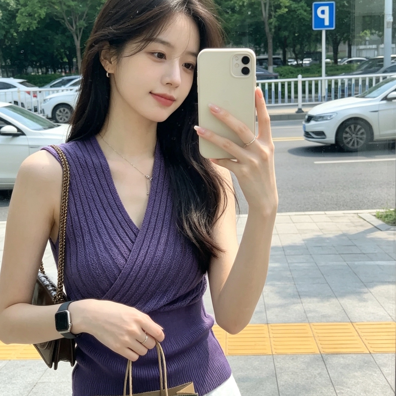 Light and Mature Style Purple V-Neck Cross-Over Knit Vest for Women, Summer Outerwear, Niche Design, Waist-Cinching, Slimming Sleeveless Top