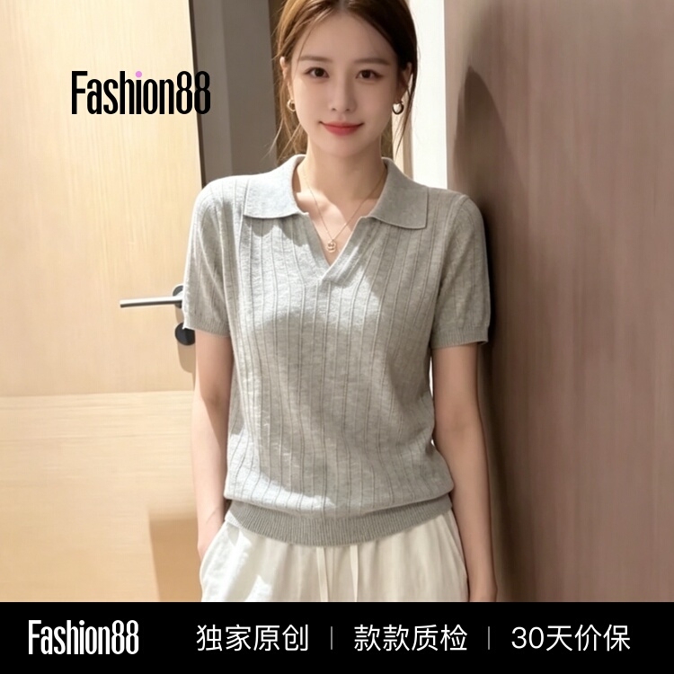 Lightweight Polo Knit Shirt with Regular Shoulders and Short Sleeves for Women, Summer Thin Style, Simple and Versatile, Slimming, High-Quality Texture Top Lightweight Polo Knit Shirt with Regular Shoulders and Short Sleeves for Women, Summer Thin Style, Simple and Versatile, Slimming, High-Quality Texture Top