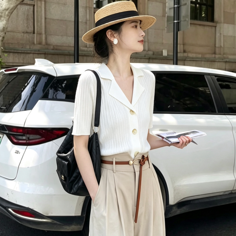 French-Style High-End Suit Collar Ice Silk Short-Sleeve Knit Cardigan for Women, White Versatile Retro Casual Button-Up Top French-Style High-End Suit Collar Ice Silk Short-Sleeve Knit Cardigan for Women, White Versatile Retro Casual Button-Up Top