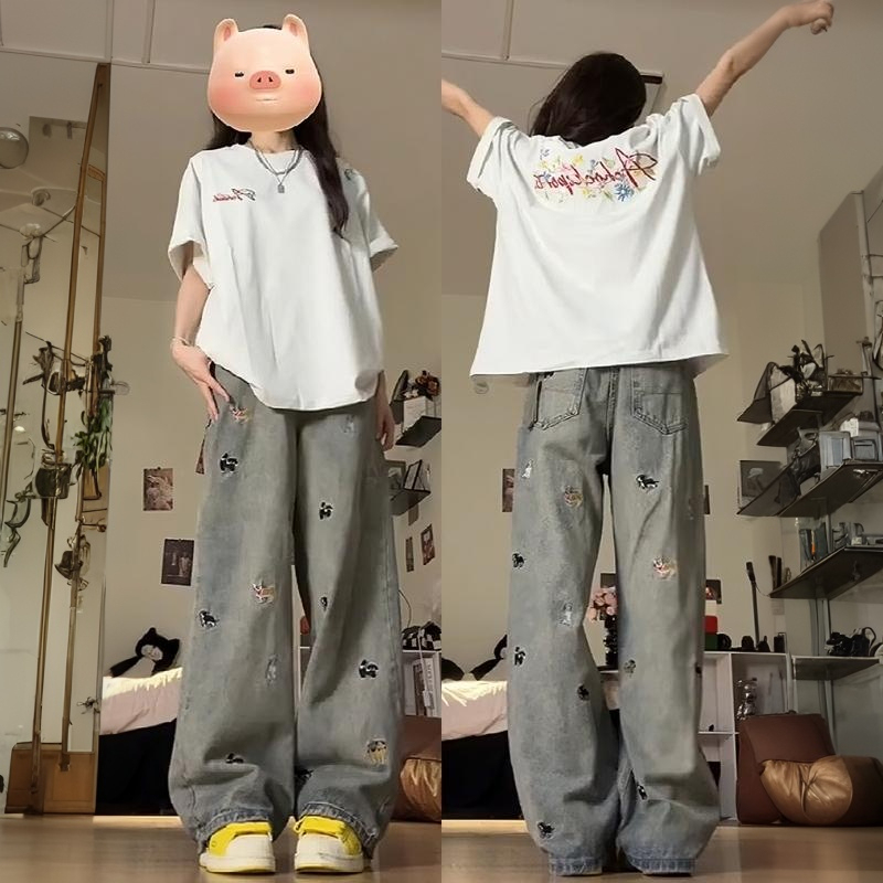 American Retro Style Embroidered High-Waisted Wide-Leg Jeans for Women, New Summer Loose-Fitting Slimming Straight-Leg Floor-Length Pants