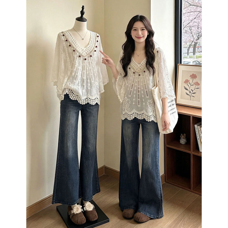 Vacation Style Lace Hollow-Out Beaded Lace Shirt for Women, Summer Plus-Size Loose Slimming Cover-Up Top