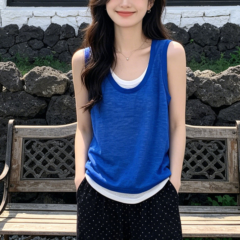 Klein Blue Skin-Friendly Faux Two-Piece Knitted Vest for Women, New Summer Style, Loose Fit, Slimming, Versatile, Age-Reducing Top