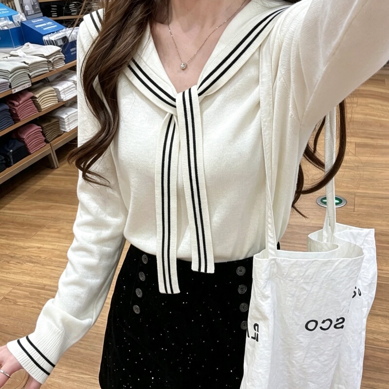 College Style Korean Navy Collar Shawl Striped Knit Sweater for Women, Autumn and Winter Design, Slim Fit Long-Sleeve Sweater Top