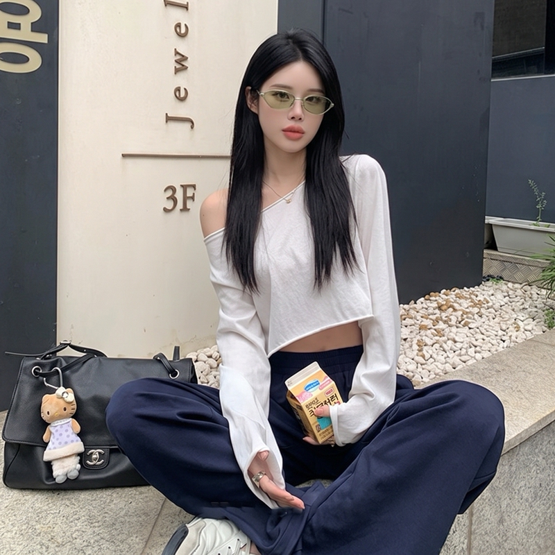 Street Style Spicy Girl Off-Shoulder Long-Sleeve T-Shirt, Summer Niche Design, Lazy Solid Color Versatile Casual Short Top
