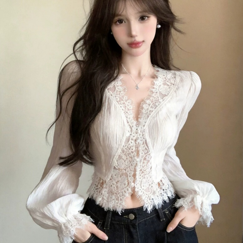 Lace Patchwork Puff Sleeve Shirt for Women, 2026 Autumn Pure Desire Spicy Girl Sexy Unique Stunning Long Sleeve Shirt for Women Lace Patchwork Puff Sleeve Shirt for Women, 2026 Autumn Pure Desire Spicy Girl Sexy Unique Stunning Long Sleeve Shirt for Women