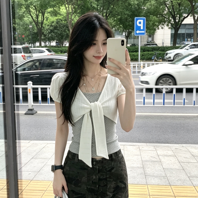 Fake Two-Piece Polka Dot V-Neck Short-Sleeve Women's Summer Tie-Knot Shoulder T-Shirt Slim Fit Stylish Design Hot Girl Top