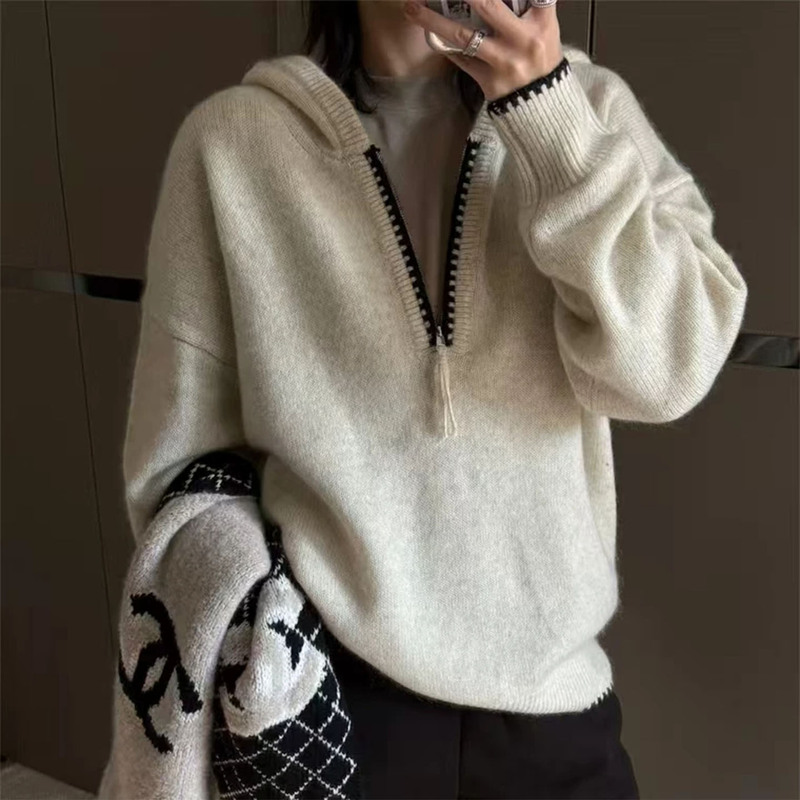 Korean-Style Design Half-Zip Color-Block Hooded Sweater for Women, Autumn and Winter Outfit, Lazy Loose Fit, Knitted Top Korean-Style Design Half-Zip Color-Block Hooded Sweater for Women, Autumn and Winter Outfit, Lazy Loose Fit, Knitted Top