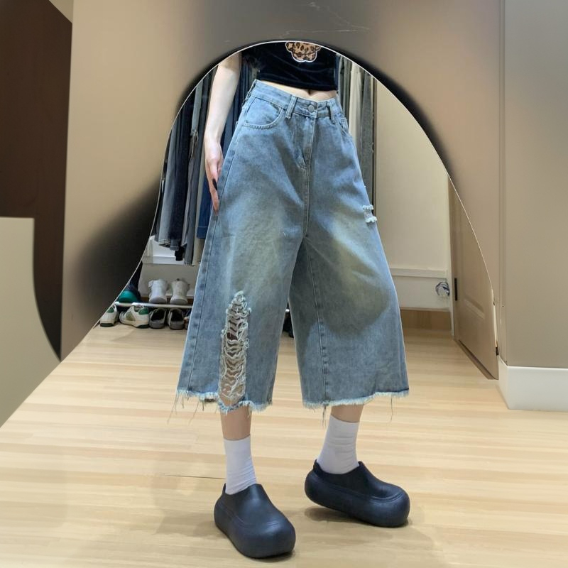Retro Design Ripped Cropped Jeans 2026 Summer New High-Waisted Slimming Versatile Loose Wide-Leg Pants for Women