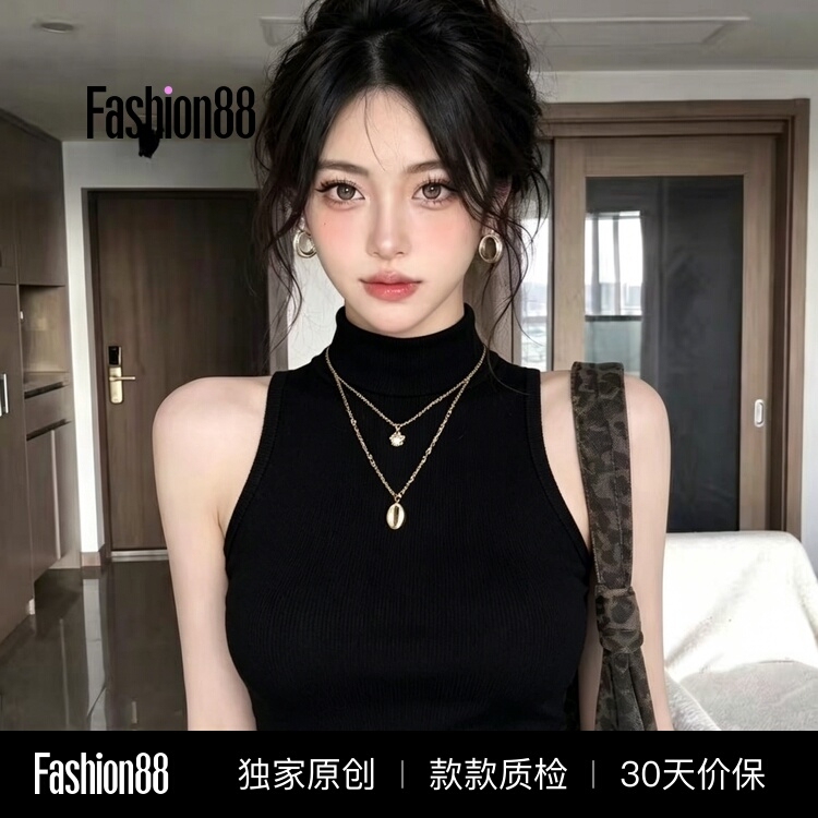 American-Style Spicy Girl Style Half-High Collar Halter Neck Tank Top for Women, Black Slim Fit, High-End, Slimming, Elegant, Versatile Sleeveless Top American-Style Spicy Girl Style Half-High Collar Halter Neck Tank Top for Women, Black Slim Fit, High-End, Slimming, Elegant, Versatile Sleeveless Top