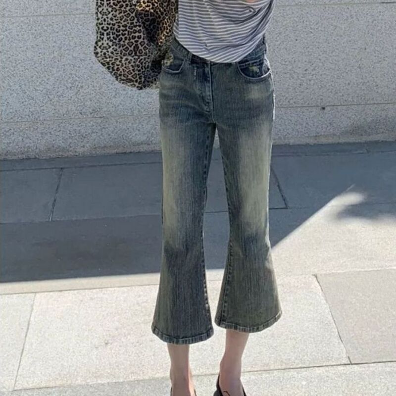 American Retro Style Washed Ripped Jeans for Women, Summer New Vintage Mid-Low Waist Flared Pants Trendy American Retro Style Washed Ripped Jeans for Women, Summer New Vintage Mid-Low Waist Flared Pants Trendy