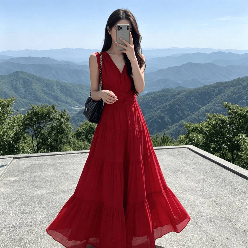 Bright Red High-Waisted Resort-Style Dress, French-Style Summer Tie-Up Dress with Open Back