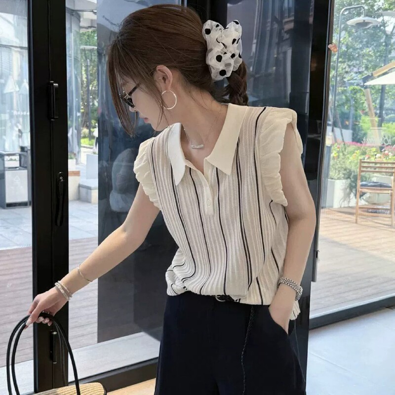 French-Style Striped Polo Collar Knit Top for Women, Summer Thin Slim-Fit Design, Flattering Slim-Fit Blouse