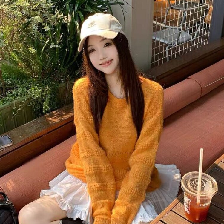 Korean-Style Orange Hollow-Out Jacquard Long-Sleeve Knit Sweater for Women, New Spring and Autumn Style, Lazy Style, Loose Round-Neck Sweater