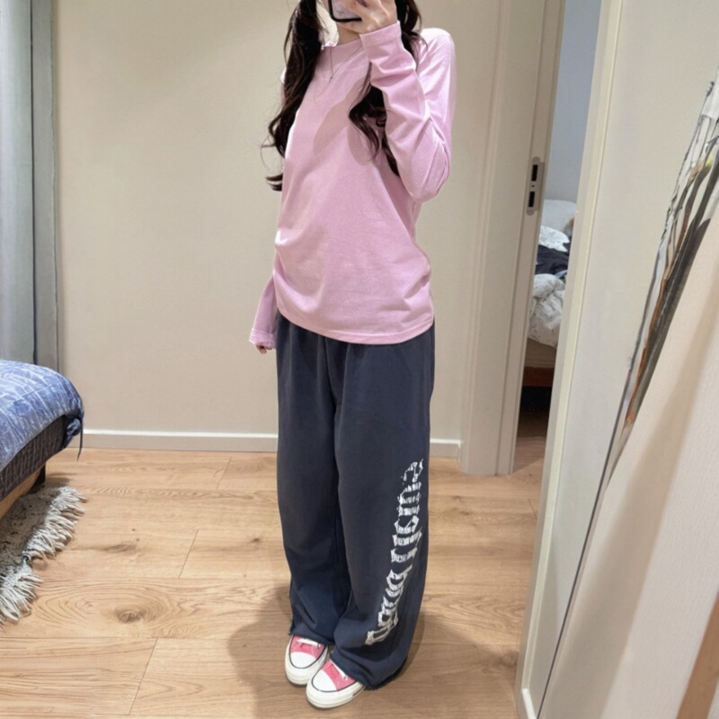 American Retro Distressed Letter Print Blue-Gray Casual Pants for Women, New Autumn and Winter Loose Drapey Sports Wide-Leg Sweatpants