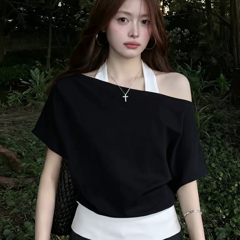 Korean Style Pure Desire Halter Neck Faux Two-Piece Off-Shoulder Short Sleeve T-Shirt for Women, New Summer Slim Fit Unique Niche Top Korean Style Pure Desire Halter Neck Faux Two-Piece Off-Shoulder Short Sleeve T-Shirt for Women, New Summer Slim Fit Unique Niche Top