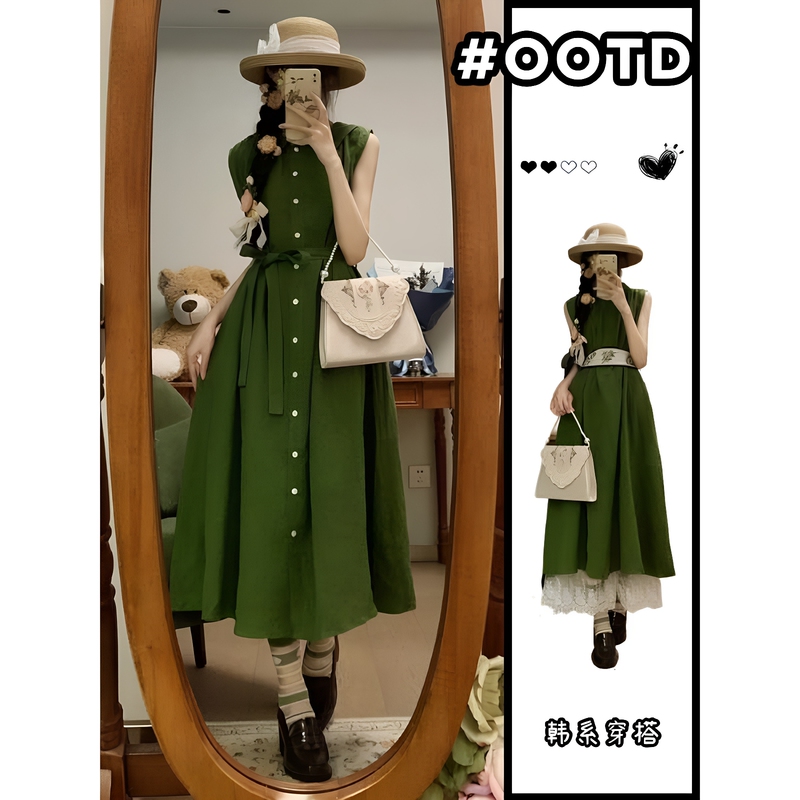Retro Artistic Green Shirt Sleeveless Dress for Women, Simple Casual Summer Comfortable Relaxed Atmosphere Long Dress