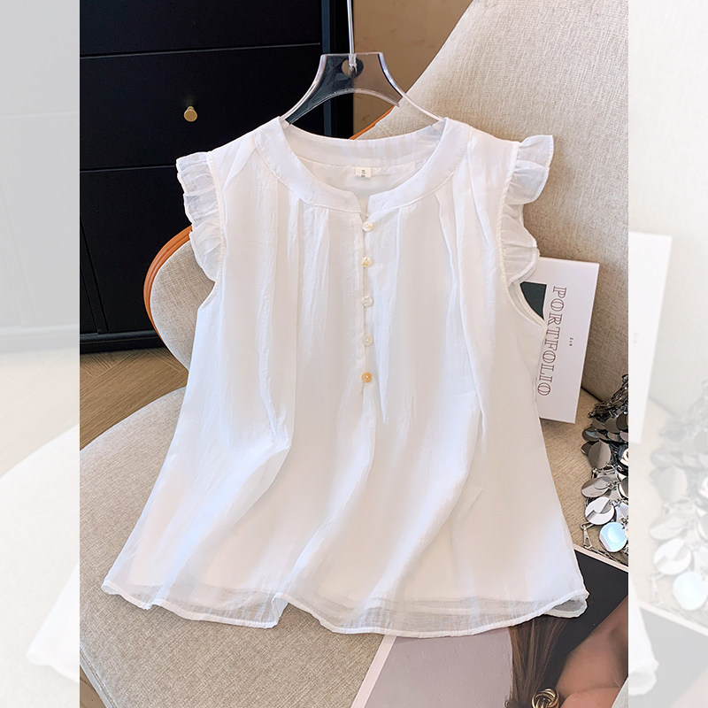 White Sleeveless Vest with Small Flying Sleeves for Women, 2026 New Style, Very Beautiful French-Style Unique Sleeveless Top White Sleeveless Vest with Small Flying Sleeves for Women, 2026 New Style, Very Beautiful French-Style Unique Sleeveless Top