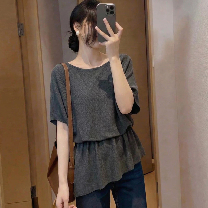 Casual Style Thin Ice Silk Short-Sleeve T-Shirt for Women, 2026 Summer New Plus-Size Mid-Length Waist-Cinching Top