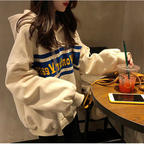 Sweater new female hooded loose oversize thick plus velvet autumn and winter Korean version of ins lazy temperament coat tide