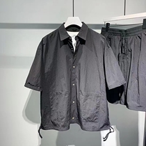 Trendy brand personalized fashion mens short-sleeved shirt shorts two-piece set summer loose casual temperament black suit