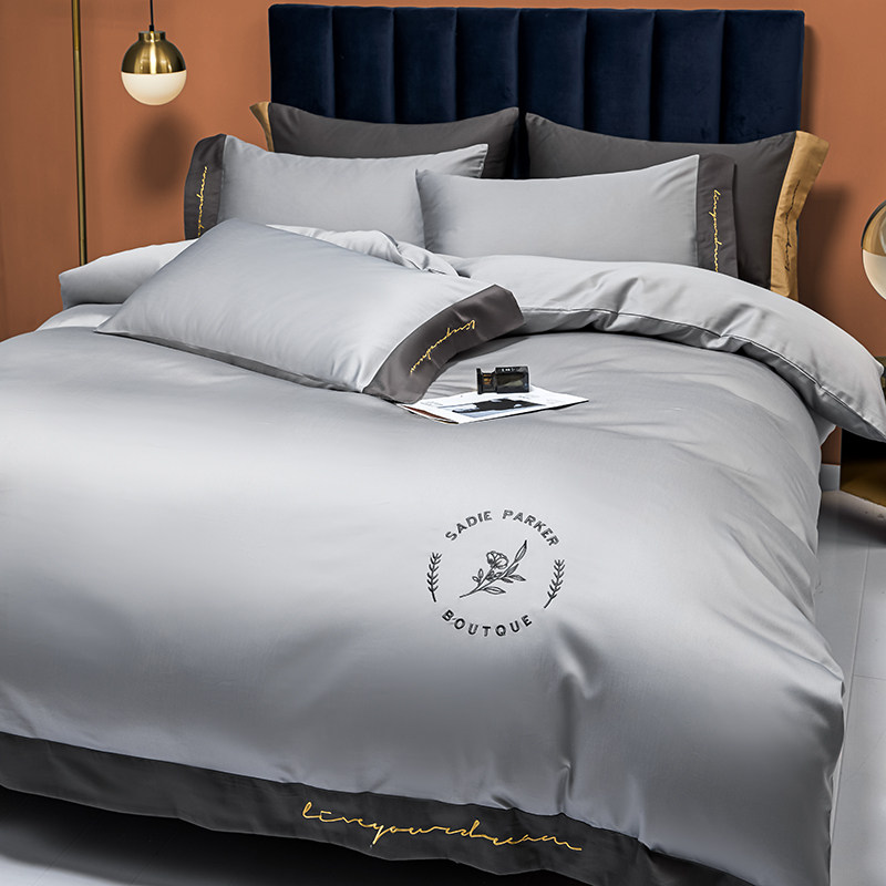 Modern light extravaganza pure cotton linen four pieces of pure color minimalist embroidery quilt cover all-cotton European-style hotel bedding