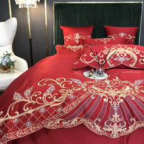 Upscale European-style wedding ceremony Four pieces of pure cotton linen genuine silk embroidered quilt cover All cotton wedding bed Bedding Bedasa