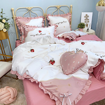 Net Red Princess Wind Four Pieces All Cotton Pure Cotton Linen Strawberry Embroidered Quilt Cover Eurostyle Teenage Heart-bed Accessories