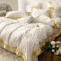 Summer small frescoed double sided ice silk four pieces of public main wind embroidery quilt cover bed monofilament sliding naked bed hat bed goods