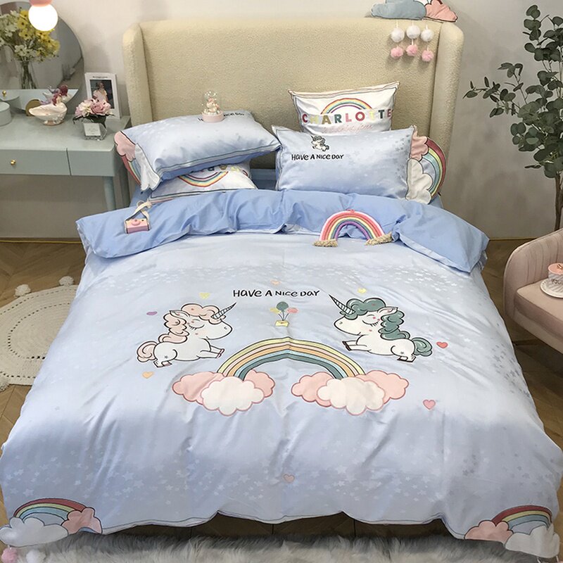 Small frescoed cartoon rainbow embroidery bed for four sets of young girl hearts full cotton pure cotton cute male wind ice silk quilt cover