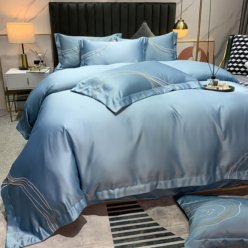 Light luxury hotel style summer ice silk four-piece double-sided silky silk quilt cover sheet 1 8m bed cover naked sleeping bedding