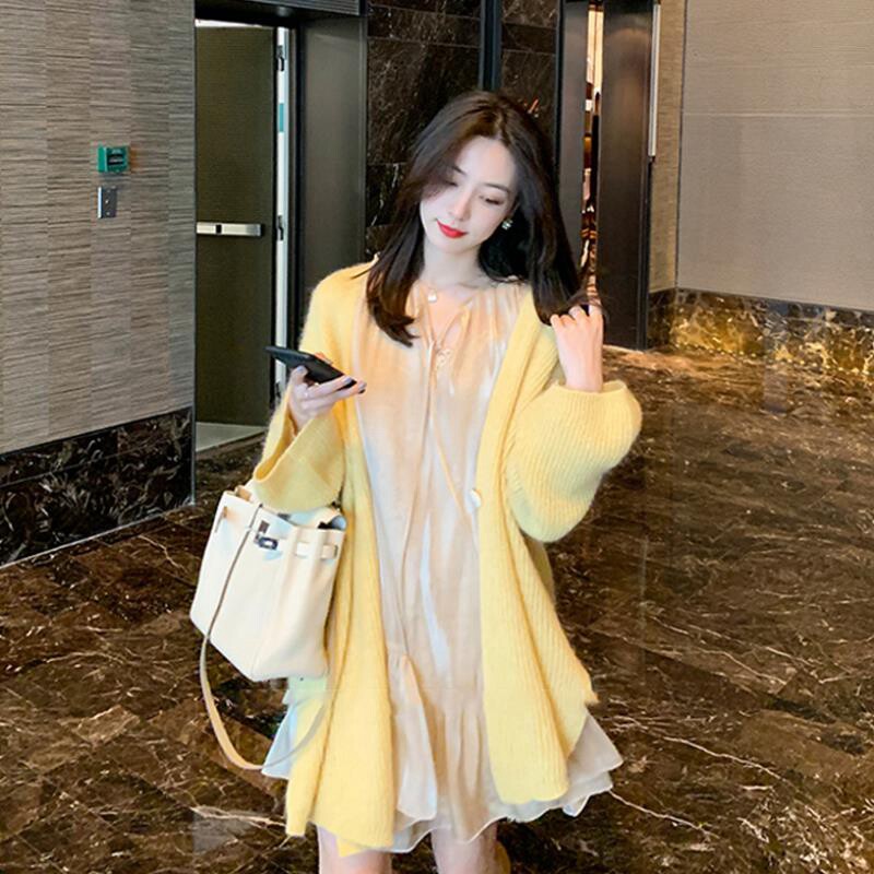 2021 early spring light ripe wind socialite temperament pure sweet yellow cardigan small dress two-piece suit skirt