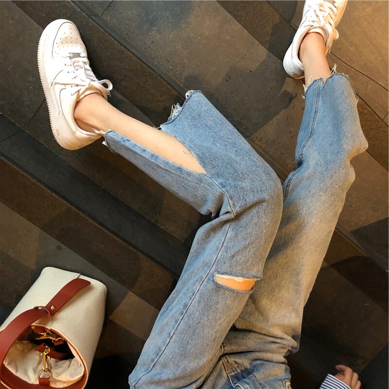 Small light-colored hole high waist thin split fork 89 points wide leg jeans women 2021 new straight loose