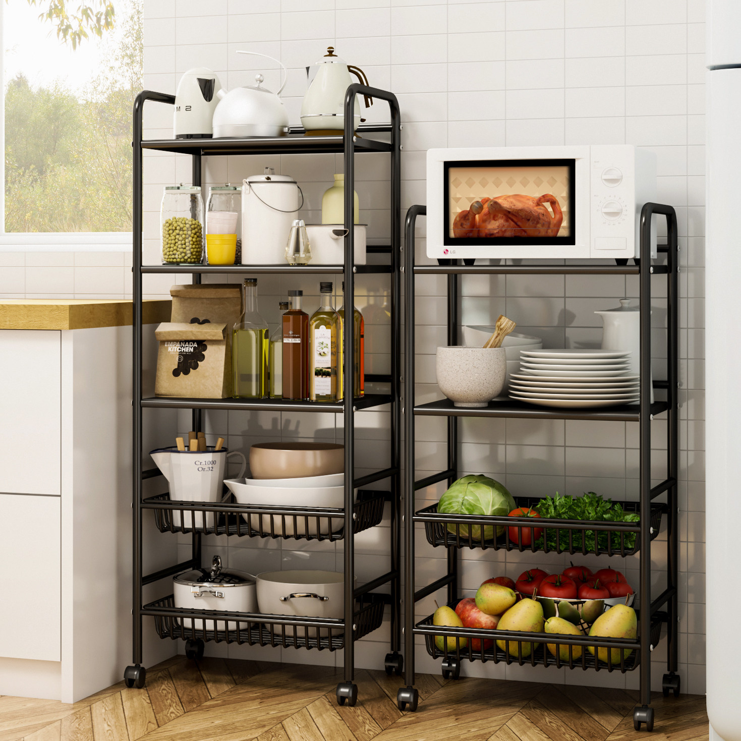 Kitchen vegetable basket shelf for fruit and vegetable shelf floor-to-ceiling multi-layer microwave oven pot household storage storage basket