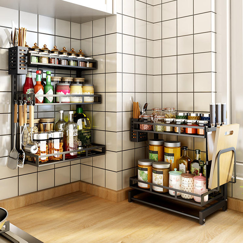 Stainless Steel Kitchen Shelving wall-mounted Perforated Table Noodles Seasoned Seasonings Black Shelf Supplies for Home