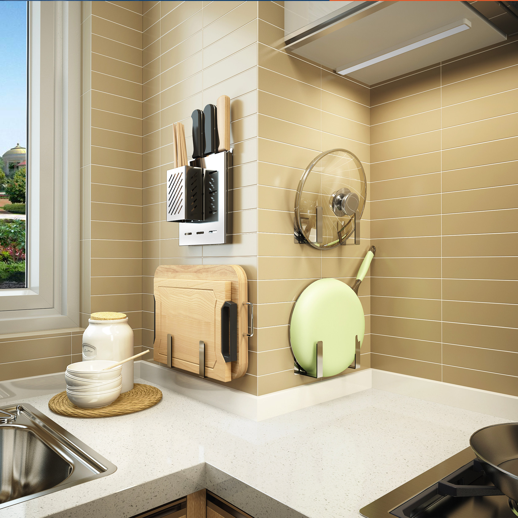 Punch-free kitchen supplies rack stainless steel pot cover rack knife holder knife block cutting board rack knife storage cutting board rack