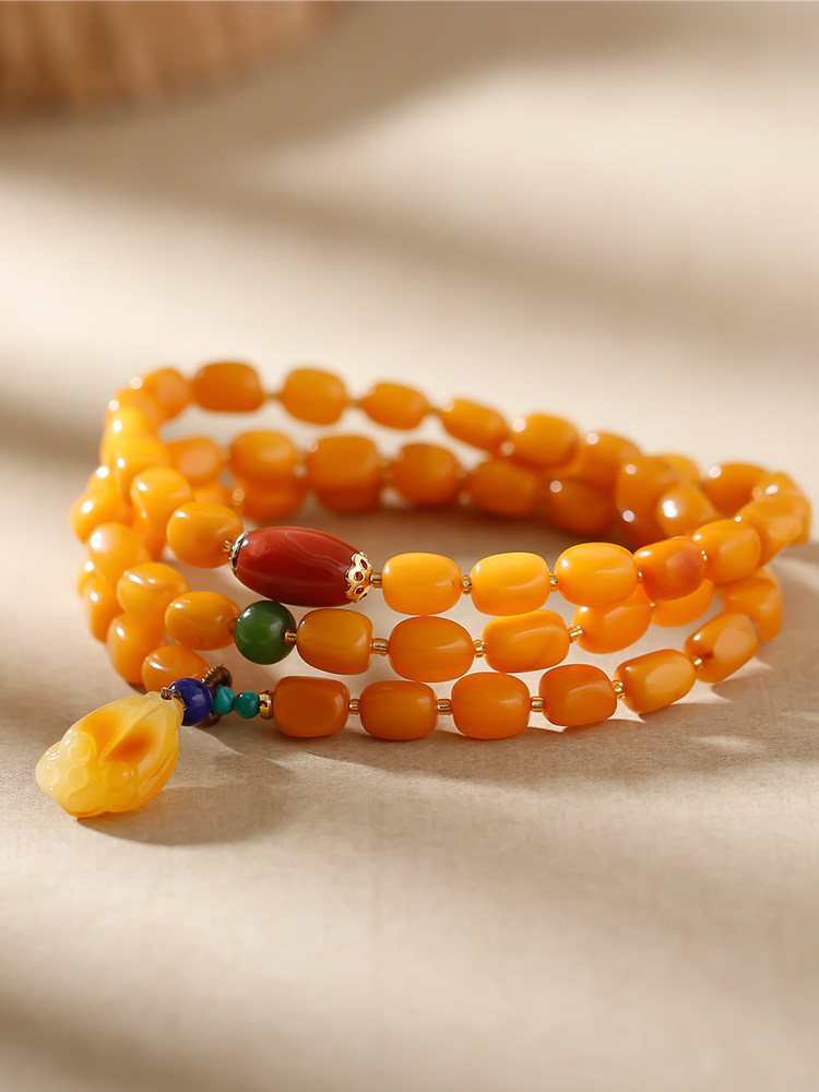 Pu Cai natural chanterelle yellow beeswax hand string Amber with shape multi-circle hand chain Men's and women's fashion hand decoration beeswax showerhead