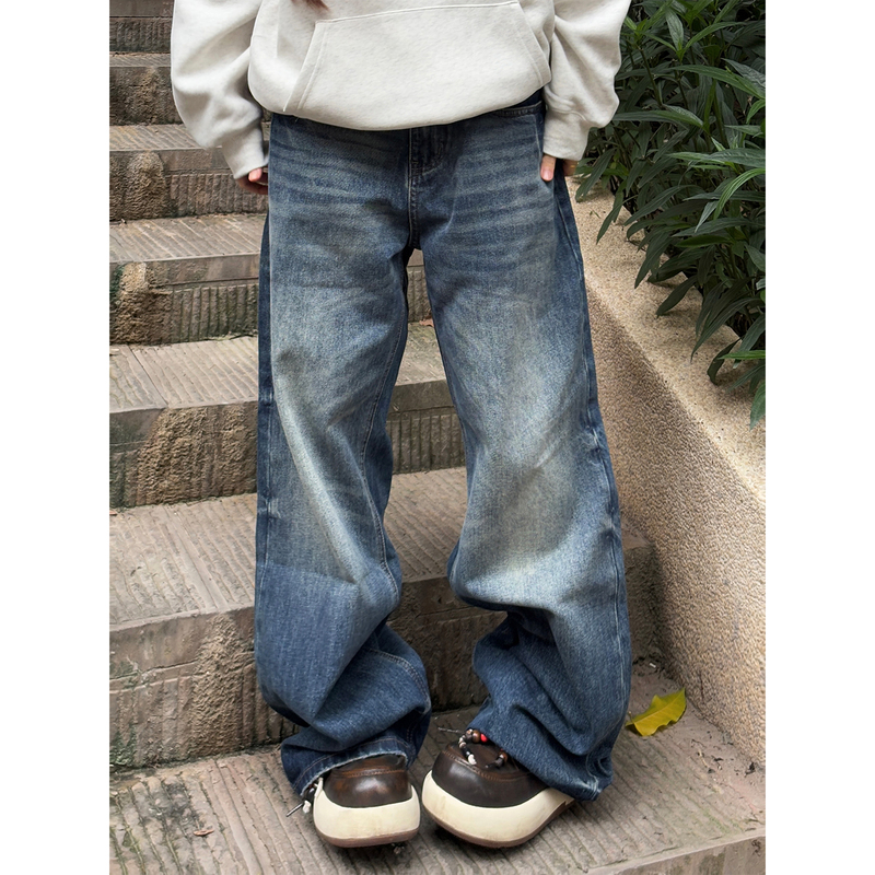Maye American Retro Washed Blue Jeans Wide-Leg Straight Unisex Loose Casual Versatile Long Pants