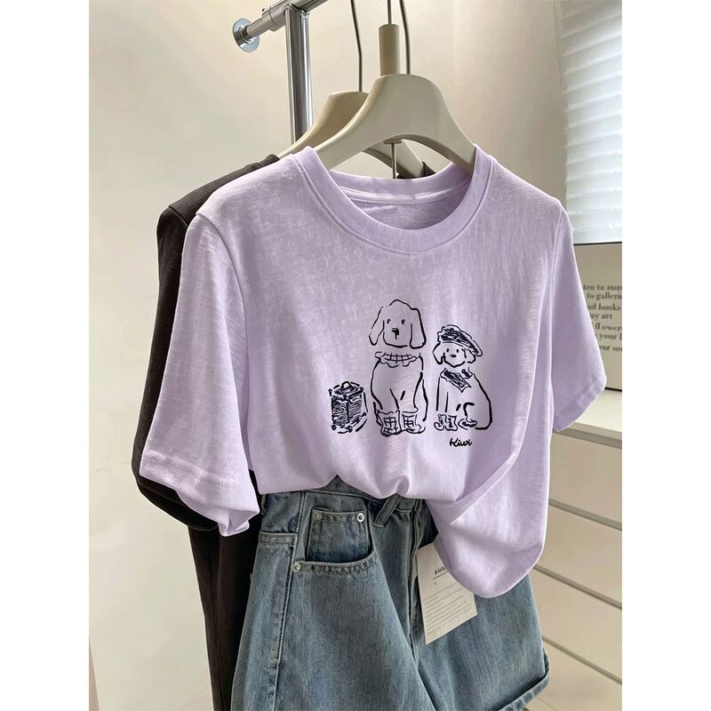 Regular Round-Neck Snowflake Cotton Short-Sleeve T-Shirt for Women, Thin Korean Style Versatile Commuter Top, Purple Summer Trendy Style
