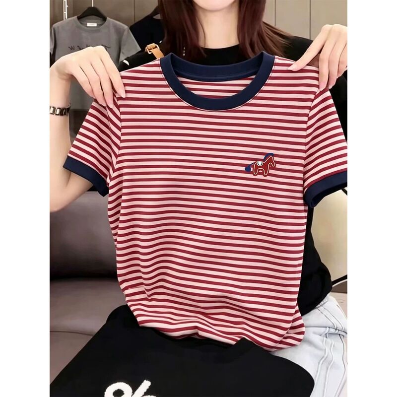 Pure Cotton Color-Blocked Isometric Striped Short-Sleeve T-Shirt for Women, Stylish and Versatile Red Top, 2026 New Summer Model Pure Cotton Color-Blocked Isometric Striped Short-Sleeve T-Shirt for Women, Stylish and Versatile Red Top, 2026 New Summer Model