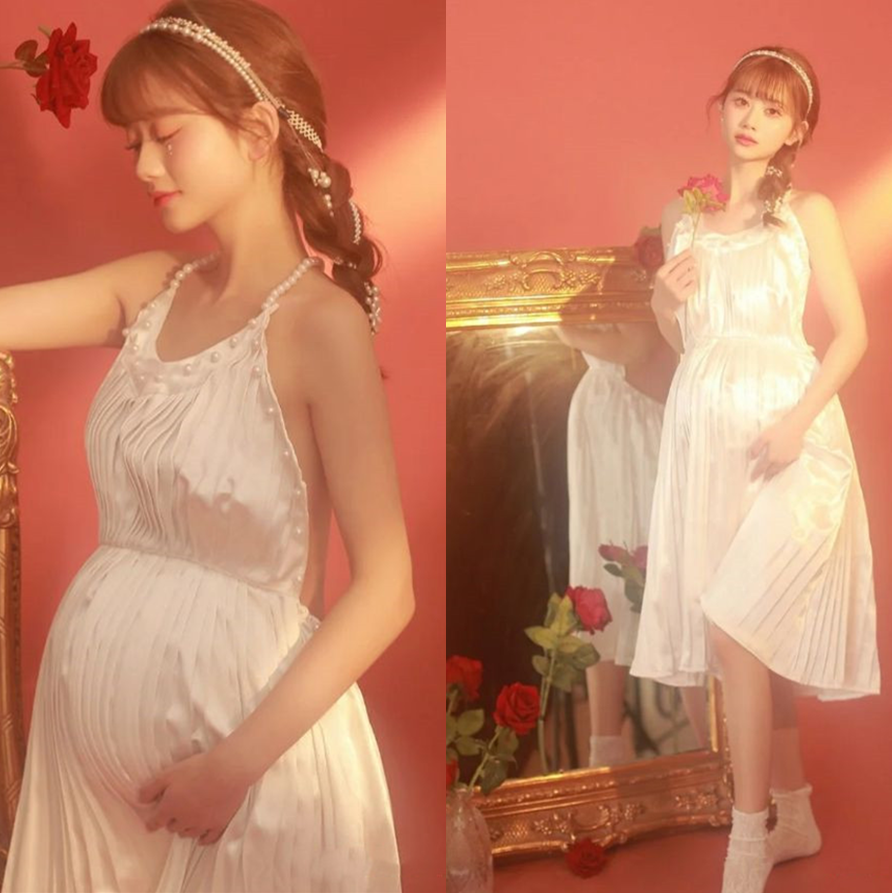 2021 new movie studio photography Write a real sexy private room Open Back Pearl Pregnant Woman Photothemed Wedding Gown-Taobao