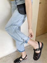 Jeans womens high waist straight loose thin fat mm spring and autumn 2021 New Korean version of large size nine-point tide ins pants