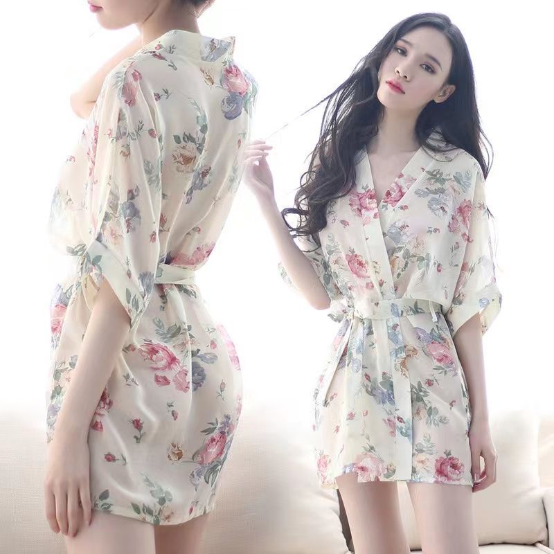Nightgown for Women, Summer Style, Thin Ice Silk Cardigan, Can Be Worn Outside, High-End Chiffon Dress, Nightgown, Japanese Style Sexy Sleepwear
