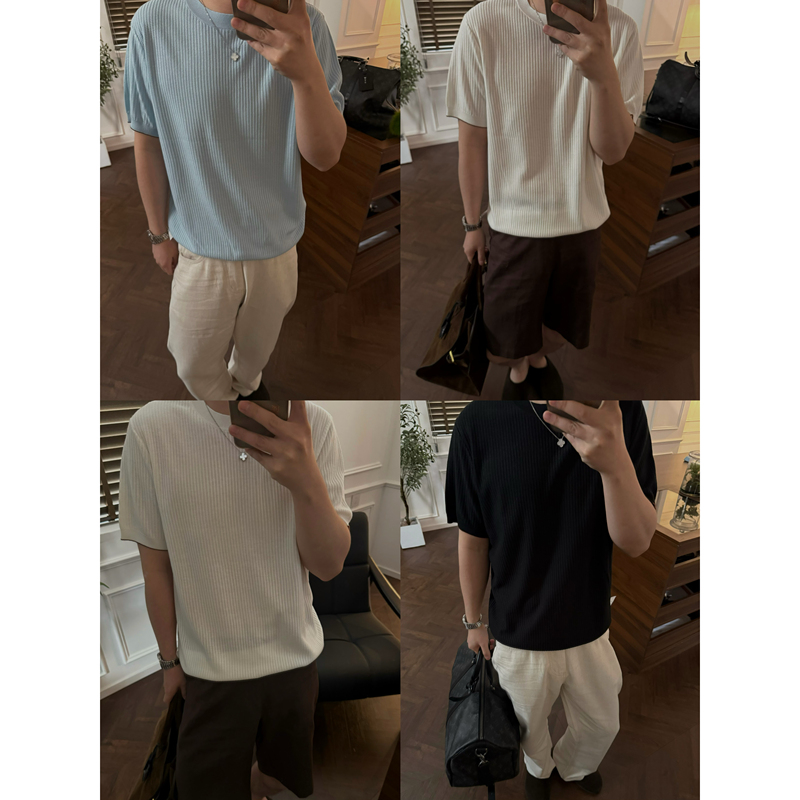 Grazie Realm｜"French-Style Executive Vacation Style Cotton Blend Delicate Knit Crew Neck Short Sleeve Shirt