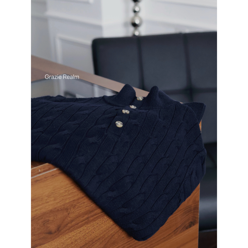 Grazie Realm Lr｜“Gentleman Style” Purple Label｜Cashmere Blend｜Navy Cable Knit Sweater