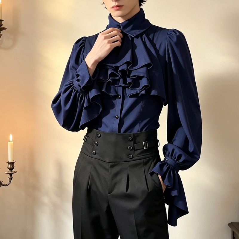 Gothic Lolita Style Neutral Prince Outfit Medieval Retro Long-Sleeve Ruffled Deep Blue Shirt for Autumn