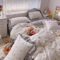 (Deer) Sweet ~ Coloured Pink Plaid FULL COTTON FOUR PIECES OF PURE COTTON PRINCESS WIND BED PINT BIG LACE QUILT COVER