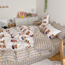 (Deer) spring cartoon Little Bear splicing All cotton four pieces 40 Pure Cotton Fresh Little Cute Quilt Cover Sheet