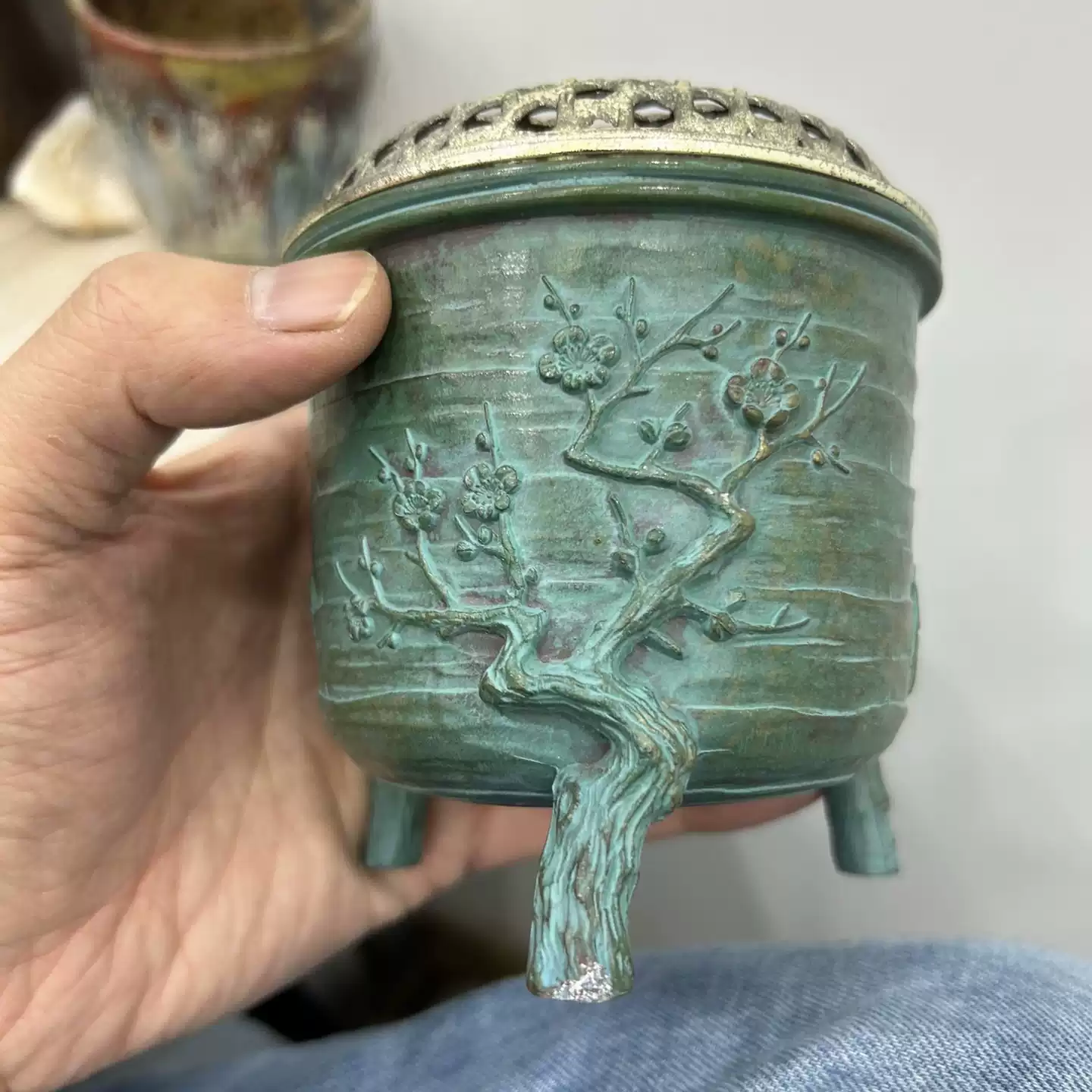 精山/松竹梅/香炉/三つ足 精山作 松竹梅 銅製 香道具 結銅製