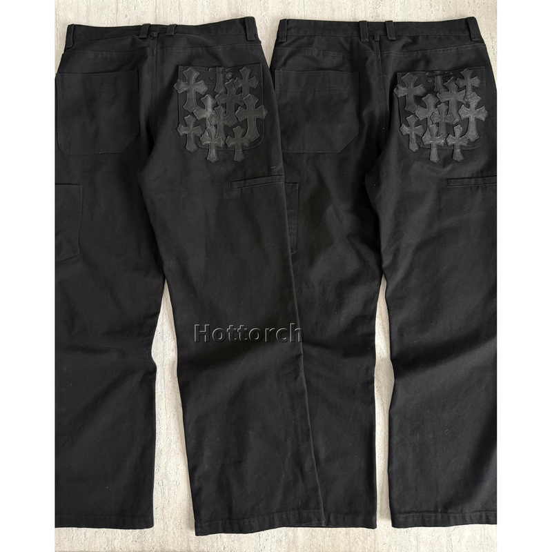 Wuguan Independent Autumn and Winter Black Canvas Pants with Back Pockets, 10 Sheepskin Cross-Stitched Patches, Washed Straight-Leg Work Pants
