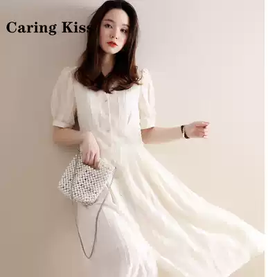 Caring Kiss Yoyo French style guest fabric V-neck temperament waist A-line short-sleeved dress female summer nude